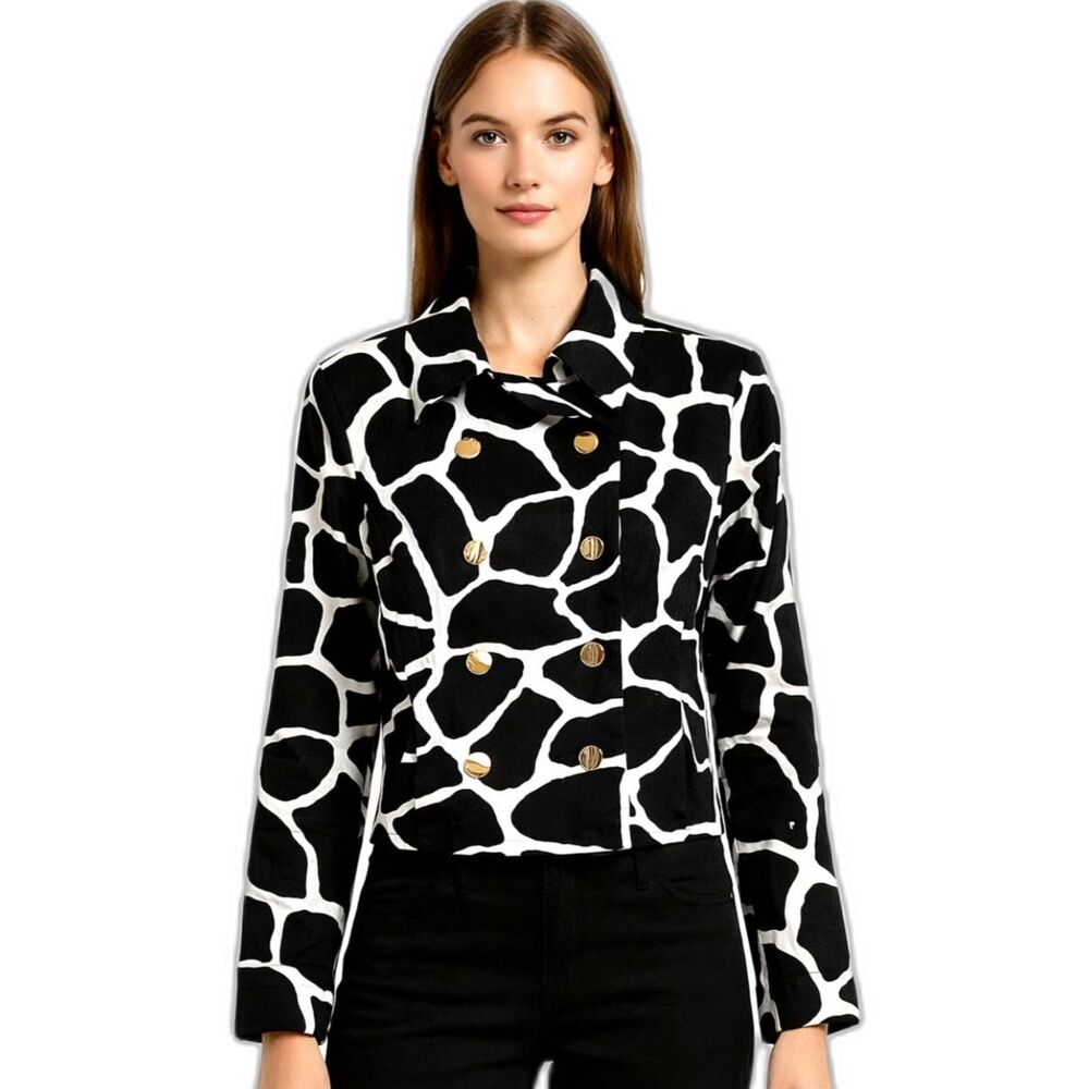 Lord & Taylor Identity Blazer Womens 10 Black White Animal Print Double Breasted